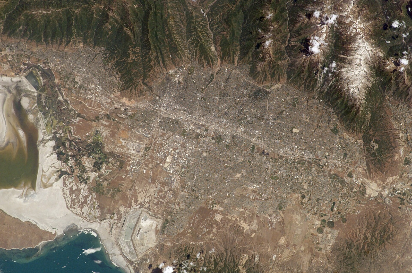 The Salt Lake Valley seen from orbit, with the Wasatch Range to the east and the Great Salt Lake to the northwest